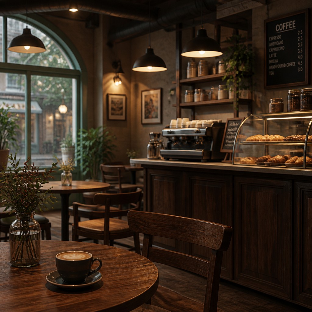cozy cafe interior with warm lighting