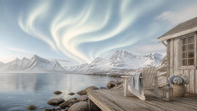 a flowing aurora over snowy peaks, wide sweeping composition, no people, no text