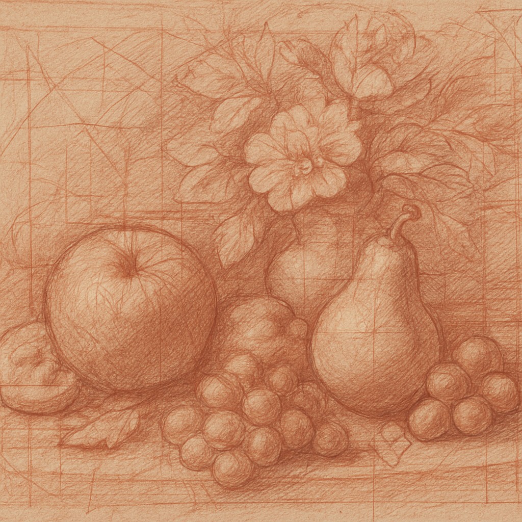 still life arrangement of fruits and flowers