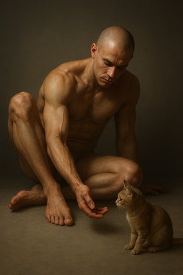 a man kneeling down next to a cat