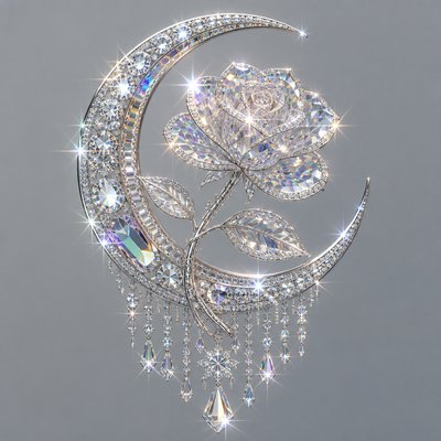 a rose entwined with a crescent moon, clean balanced composition on a plain background, no text