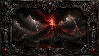 an erupting volcano with lightning strikes, dramatic wide composition, no text