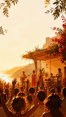 a live music scene with a glowing stage and silhouetted crowd, energetic vertical composition with open space at the top, no text