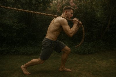 a shirtless man holding a rope in his hands
