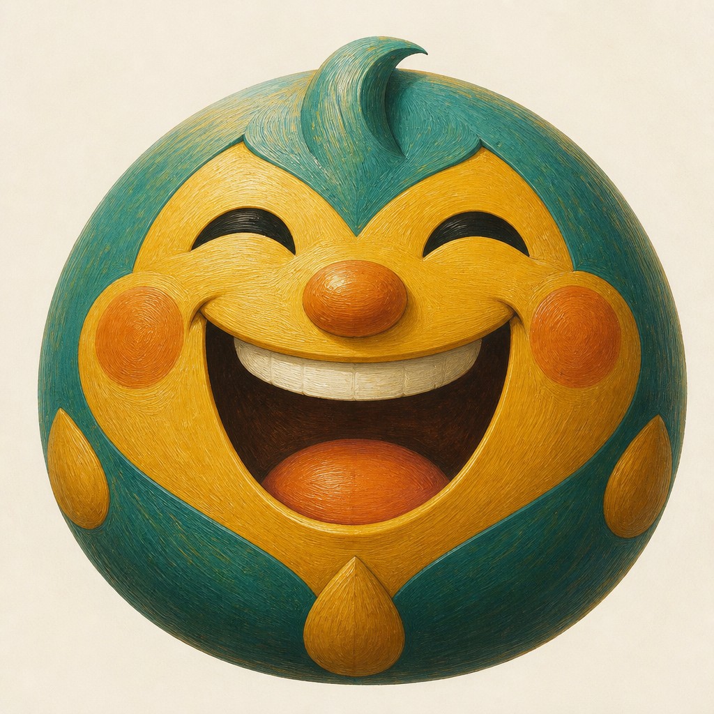 an exaggerated laughing face of an original round mascot character, bold and readable at small size, plain background, no text