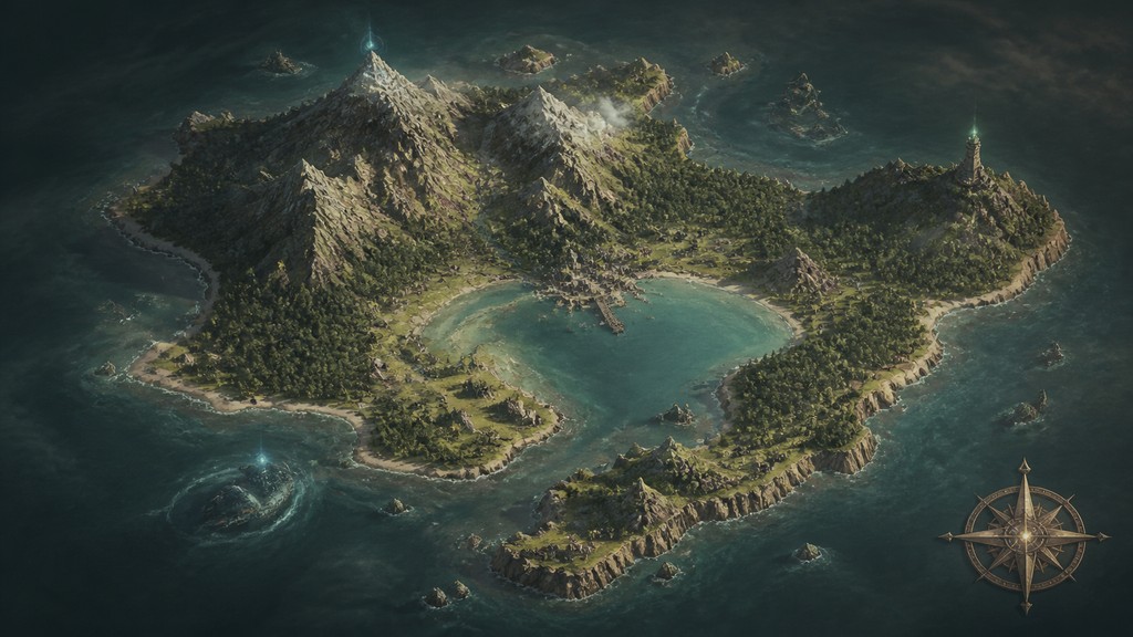 a map of an island realm with mountains, forests, a sheltered bay, sea monsters in the water and a compass rose, no text labels