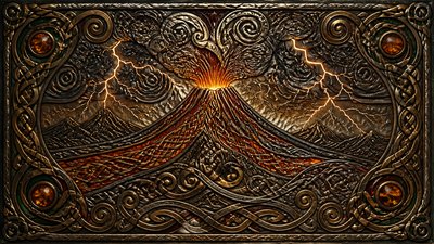 an erupting volcano with lightning strikes, dramatic wide composition, no text