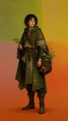 full-body original character: a wandering botanist with a satchel of plants, a patched green cloak, tall boots and round glasses, neutral background