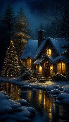 a snow-covered cottage with warm glowing windows beside a decorated pine tree, gentle snowfall, no text