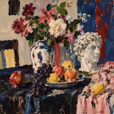 still life arrangement of fruits and flowers