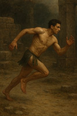 a painting of a man running in a cave