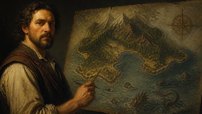 a map of an island realm with mountains, forests, a sheltered bay, sea monsters in the water and a compass rose, no text labels