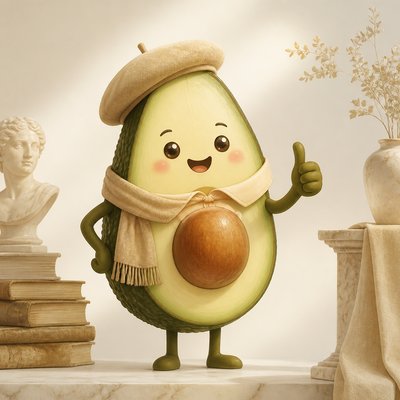 a happy avocado character giving a thumbs up, bold readable design on a plain background, no text