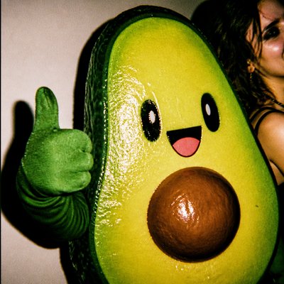 a happy avocado character giving a thumbs up, bold readable design on a plain background, no text