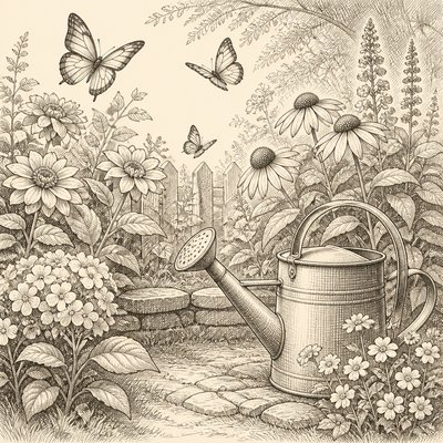 a garden scene with butterflies, flowers and a watering can, clean uncolored line art, no text