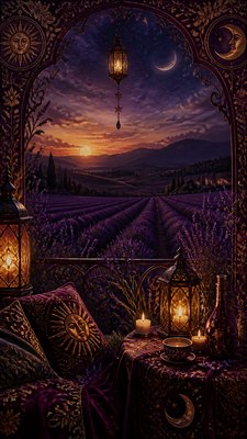 a field of lavender stretching to distant hills at dusk, no people