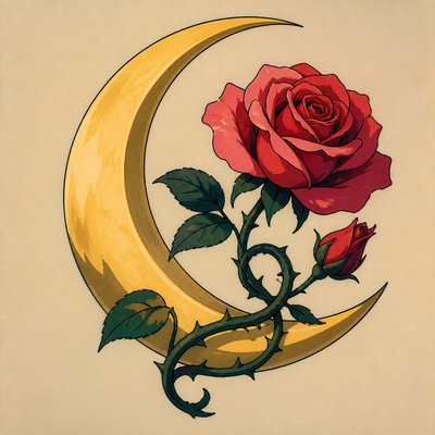a rose entwined with a crescent moon, clean balanced composition on a plain background, no text