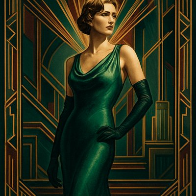 A statuesque woman in high-fashion 1930s glamour, strong Art Deco aesthetic. She wears a bias-cut evening gown of shimmering emerald green silk satin, featuring an elongated, sleek silhouette and a dramatic cowl neck. Her hair is styled in soft, sculpted finger waves. She wears long elegant gloves. The background is a sophisticated Art Deco interior with geometric patterns and polished chrome details, under dramatic lighting. Cinematic photography, classic Hollywood portraiture, hyperrealistic, vintage chic, elegant allure."