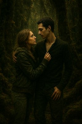 a man and a woman standing in a forest