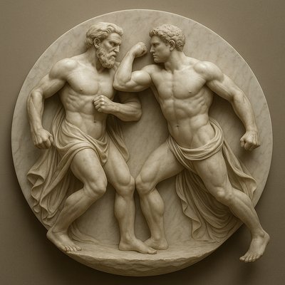 a statue of two men fighting each other
