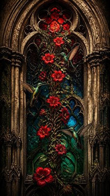 a climbing vine of flowers and hummingbirds on a dark background, tall wrapping composition, no text
