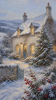 a snow-covered cottage with warm glowing windows beside a decorated pine tree, gentle snowfall, no text