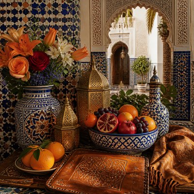 still life arrangement of fruits and flowers