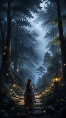 a mysterious forest path with fireflies and drifting mist, atmospheric vertical composition with open space at the top, no text