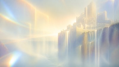 a cliffside city with waterfalls cascading into a misty canyon, wide establishing shot, no people, no text