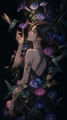 a climbing vine of flowers and hummingbirds on a dark background, tall wrapping composition, no text