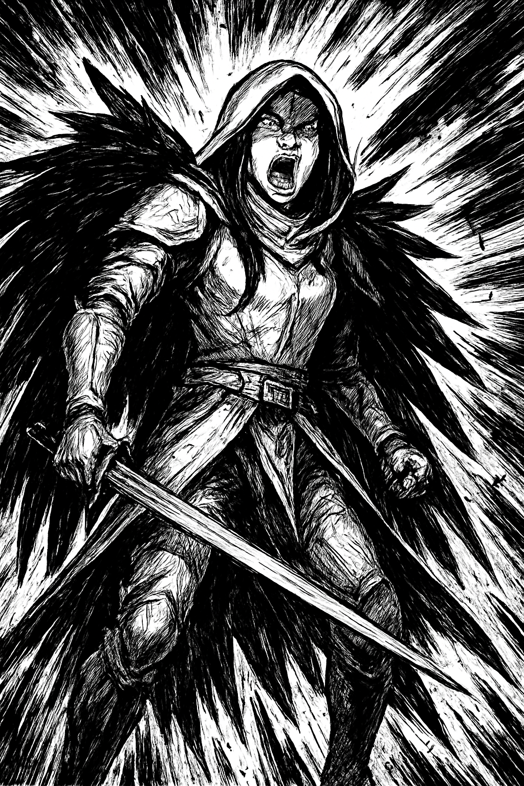 a black and white drawing of a person with a sword
