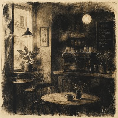 cozy cafe interior with warm lighting