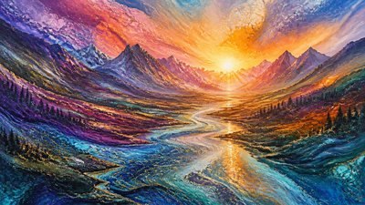 a vast valley with a river winding toward distant mountains at sunrise, no people, no text