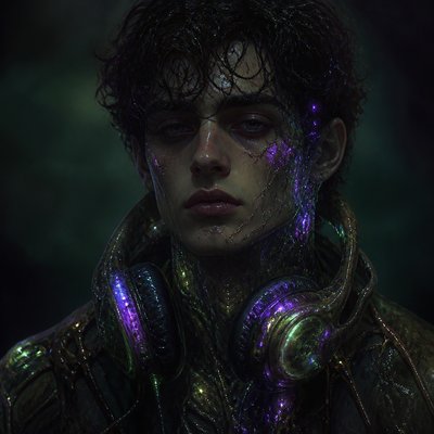 head-and-shoulders portrait of an original character: a young man with curly dark hair and headphones around his neck, plain backdrop, no text