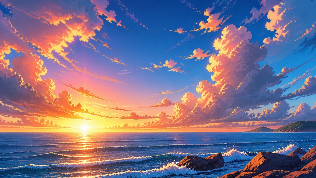 a panoramic ocean horizon with towering clouds at golden hour, no people