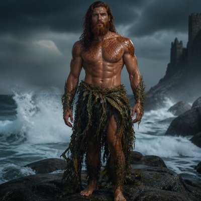 Fais moi un dieu roue et fort avec une barbe rousse plus foncé il , il est habillé sans tee shirt sans bijoux juste en dirait un dieu des mers il a des habille en algues  il a des écailles roue sur le torse et les epaules mais sinon c’est un humain , on le voit de la tete au pied 