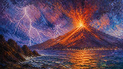 an erupting volcano with lightning strikes, dramatic wide composition, no text