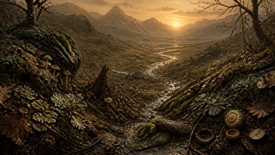 a vast valley with a river winding toward distant mountains at sunrise, no people, no text