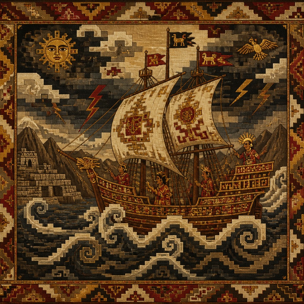 sailing ship on a stormy sea — Peruvian Art Style