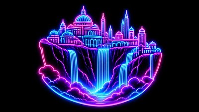 a cliffside city with waterfalls cascading into a misty canyon, wide establishing shot, no people, no text