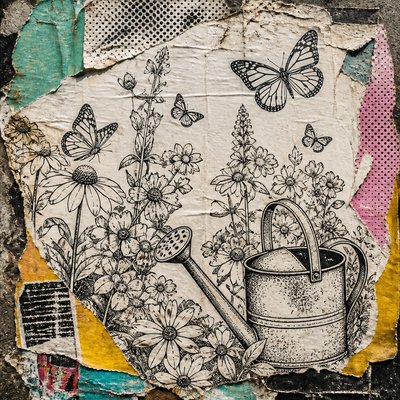 a garden scene with butterflies, flowers and a watering can, clean uncolored line art, no text