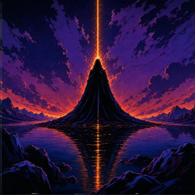 a painting of a mountain with a light at the top