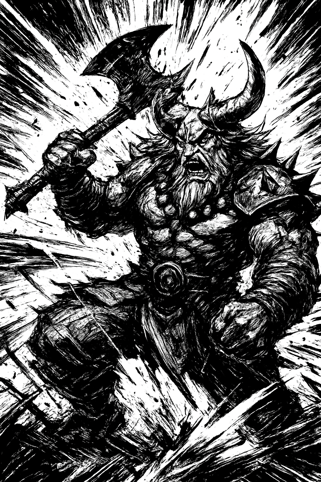 a black and white drawing of a viking holding an axe
