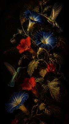 a climbing vine of flowers and hummingbirds on a dark background, tall wrapping composition, no text