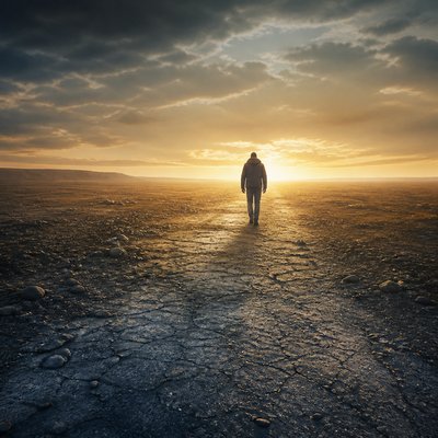a solitary figure walking toward a glowing horizon across an empty plain, moody atmosphere, no text or lettering