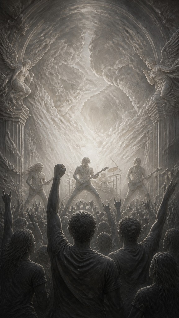 a live music scene with a glowing stage and silhouetted crowd, energetic vertical composition with open space at the top, no text