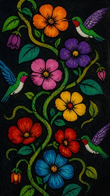 a climbing vine of flowers and hummingbirds on a dark background, tall wrapping composition, no text