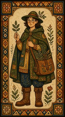 full-body original character: a wandering botanist with a satchel of plants, a patched green cloak, tall boots and round glasses, neutral background