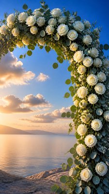 an arch of white roses and eucalyptus in soft morning light, elegant vertical composition with open space, no text