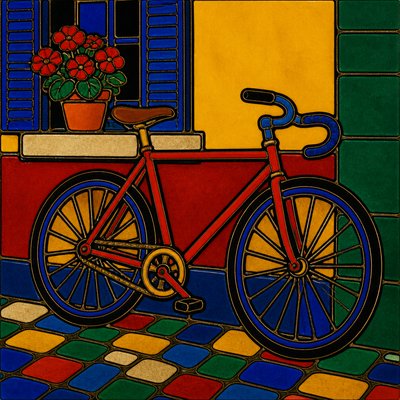 bicyle resting against a wall — Cloisonnism Art Style